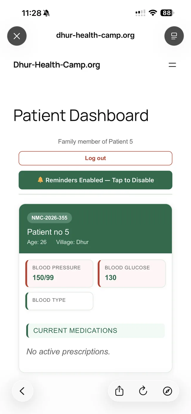 The family dashboard on a phone, with blood pressure, blood glucose and medication reminders